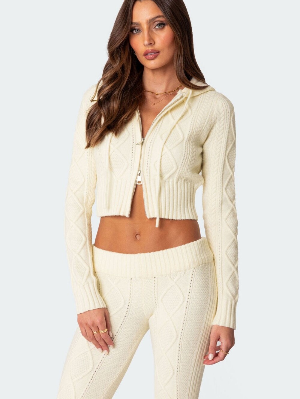 Edikted Ray Cable Knit Hooded Cardigan